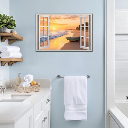 ANRUOXI Beach Wall Art, Window Frame Style Canvas Wall Decor Ocean, Sunset Sea & Tropical Palm Tree Coasts Boat Canvas, Seaside Scenery Nature Landscape Painting for Living Room Office Home 28x40 Inch