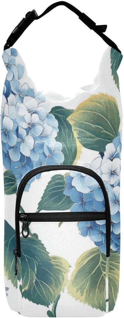 Blue Hydrangea Butterfly Water Bottle Holder with Strap Insulated Water Bottle Carrier Crossbody Bags Pouch with Phone Pocket for Travel Gym Hiking Walking Running