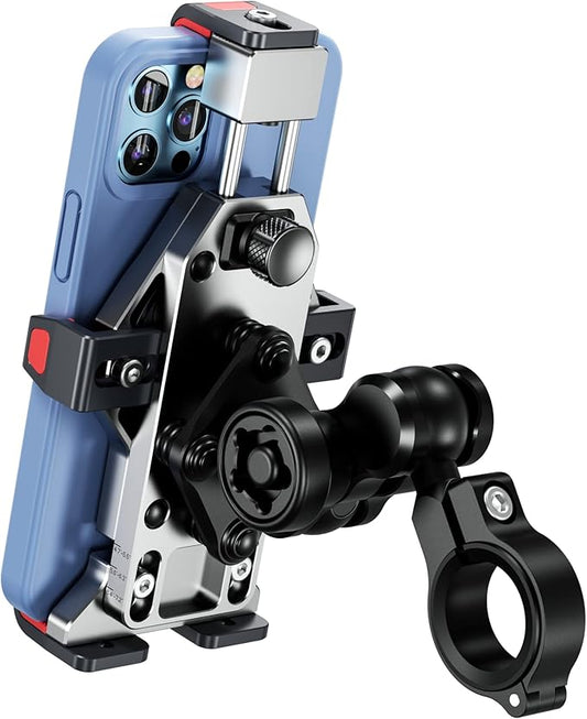 BRCOVAN Anti-Theft Aluminum Alloy Motorcycle Phone Mount with Vibration Dampener & Secure Lock, Adjustable Motorcycle Handlebar Cellphone Holder for Bike Bicycle Scooter ATV, Fit 4.7-7.2'' Smartphone