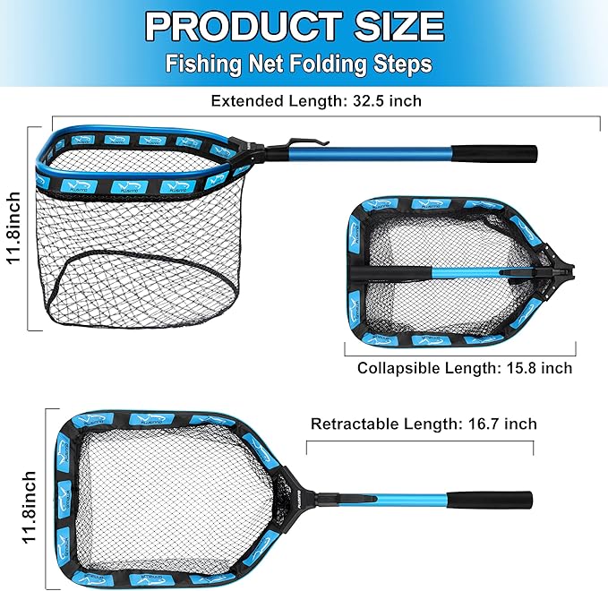 PLUSINNO Floating Fishing Net for Steelhead, Salmon, Fly, Kayak, Catfish, Bass, Trout Fishing, Rubber Coated Landing Net for Easy Catch & Release, Compact & Foldable for Easy Transportation & Storage