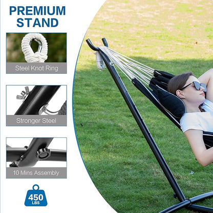 PNAEUT Double Hammocks with Stand for Outside, Portable Space Saving Heavy-Duty Steel Stand for Indoor Outdoor Patio with Carrying Bag, 450 lbs Capacity (Chasm)