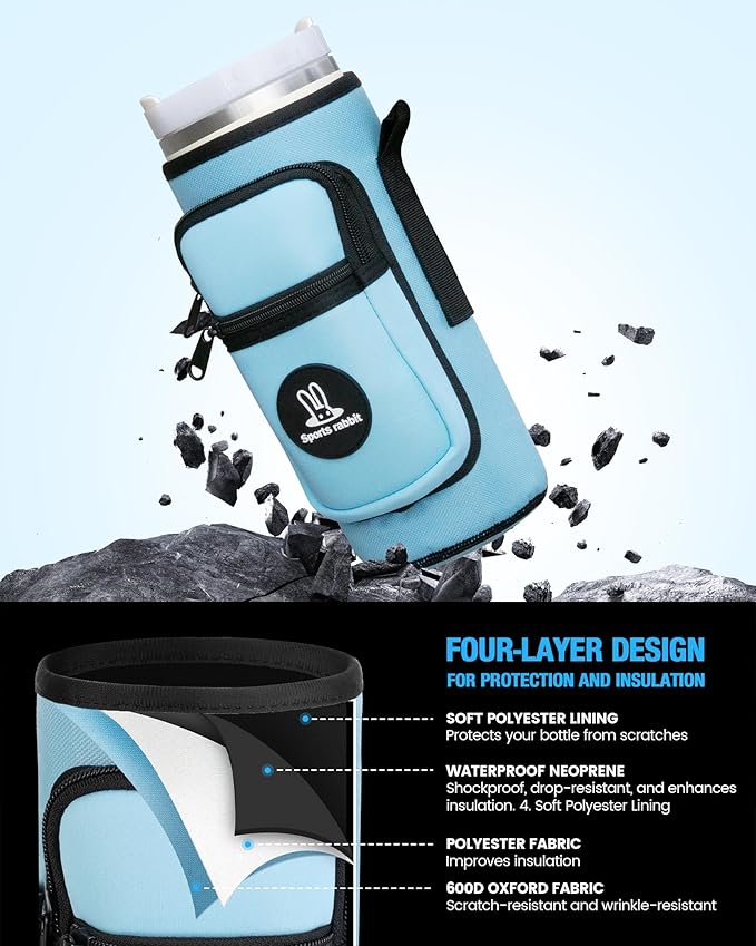 Sports rabbit Universal Water Bottle Holder – Durable Oxford & Neoprene Hybrid Design Compatible with Stanley 30/40oz Handled & 64/87oz Straight Tumblers, Adjustable Strap for Gym, Travel, Outdoors