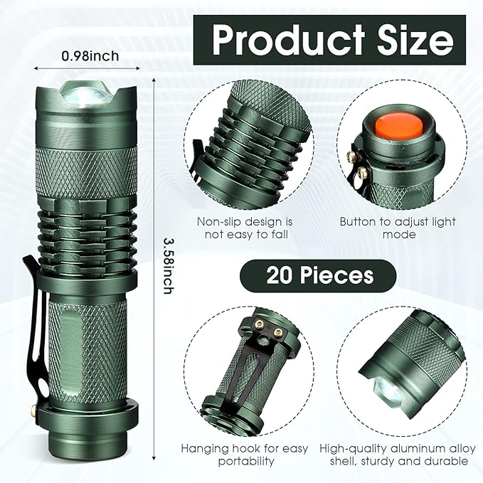 Fumete 20 Pieces LED Flashlight Mini 3 Mode Tactical Torch Small Water Resistant Pocket Flash Light Adjustable Focus Light Pen for Men, Father, Indoor Outdoor Hiking(Dark Green)