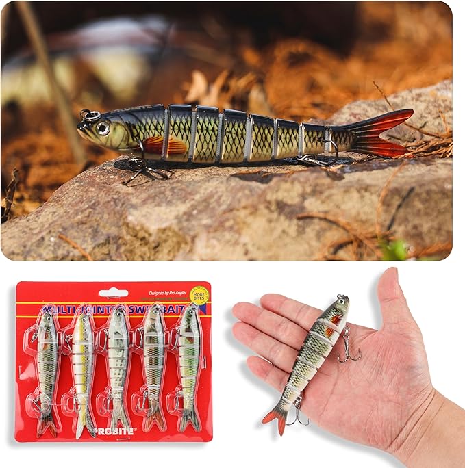 5PCS Lifelike Fishing Lures – Multi-Jointed Swimbait for Bass, Trout, Crappie, Walleye, Pike, Realistic Action with 3D Fish Eyes and Sharp Hooks, Perfect for Fishing Kits in Saltwater & Freshwater