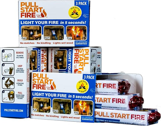 Pull Start Fire Pull String Firestarter | No Matches Required, Fire Starts in Seconds | for Campfires, Grill, Fireplace, BBQ | Lights Wet Wood, Easy to Use, Food Safe and Weather Resistant