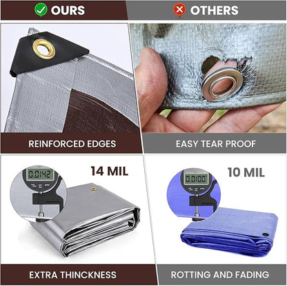 Sunvigor Tarp Waterproof 16x20Ft, Heavy Duty Tarp Cover Extra Thick 14 Mil Tear and UV Resistant, Outdoor Tarps with Grommets and Reinforced Edges for Roof, Camping, Patio, Pool, Boat