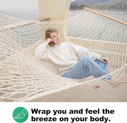 12ft Double Hammocks, Handwoven Traditional Cotton Rope Hammock with Hardwood Spreader Bar, Chains and Hooks for Indoor Outdoor, Max 450 lbs Capacity (Beige, Full)