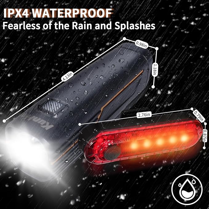 KunHe 227 Lumens 1600mAh Bike Light Set (1or2or4 or 8 Packs) Rechargeable Front & Rear Bicycle Lights with IPX4 Waterproof 4 Modes for Night Cycling
