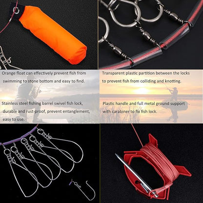Fish Stringer, Fishing Stringer Clip Live Fish Lock, with High Strength Snaps/Buckles, Big Fish Wire Rope Cable Fishing Holder Kit with Float and Plastic Handle