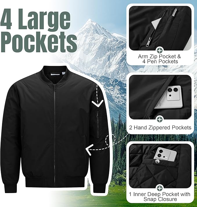 33,000ft Men's Bomber Jacket Waterproof Zip Up Windbreaker Quilted Padded Lightweight Warm Casual Spring Fall Winter Coat