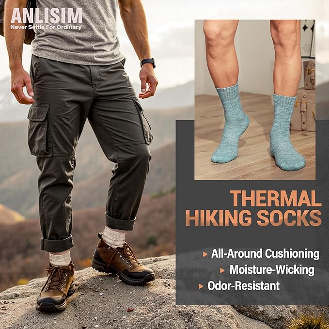 Anlisim Merino Wool Warm Boot Hiking Socks Thermal Extra Thick Winter Cozy Crew Comfy Cushioning Work Women Men Socks 4 Pairs