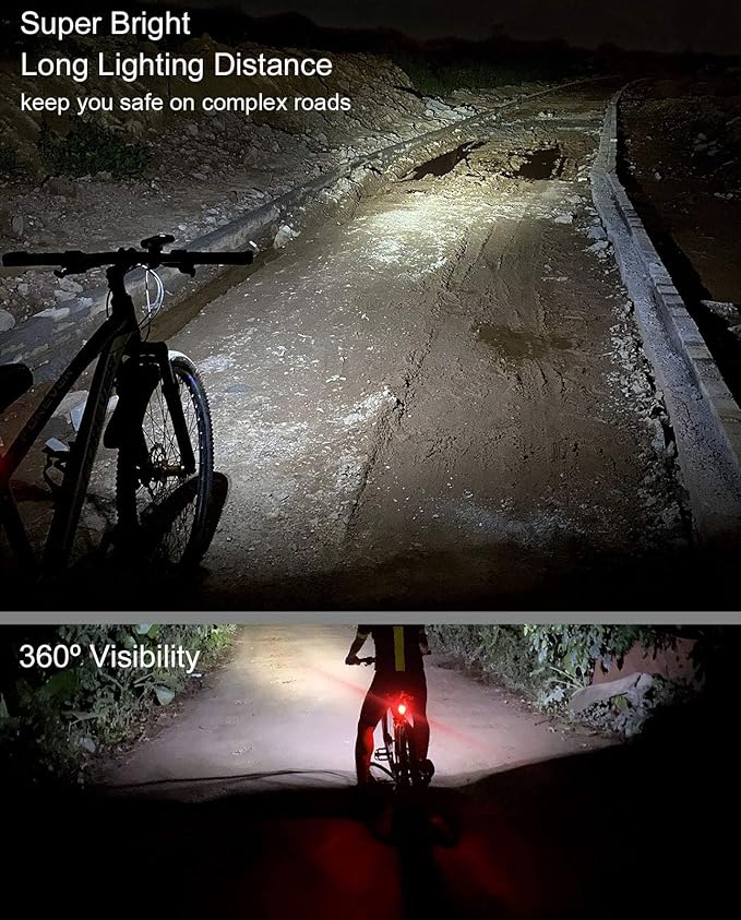 6400mAh Bike Lights for Night Riding, USB C Rechargeable Bicycle Headlight and Taillight Set, Super Bright 1200 Lumen, IPX5 Waterproof, Aluminum Alloy, 5 Modes, White, Red or Black