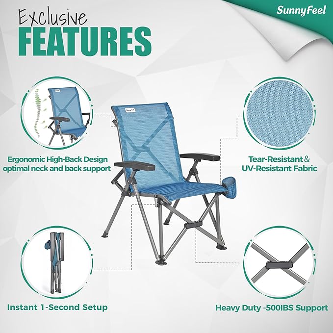 SUNNYFEEL Ergonomic High Back Camp Chair - 500lbs Heavy Duty Folding Chair, UV-Resistant Portable Camp Chair with Hard Armrests, Cup Holder＆ Bag for Outdoor, Basebal, Travel, Sports, Hiking, Fishing