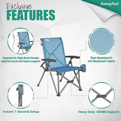 SUNNYFEEL Ergonomic High Back Camp Chair - 500lbs Heavy Duty Folding Chair, UV-Resistant Portable Camp Chair with Hard Armrests, Cup Holder＆ Bag for Outdoor, Basebal, Travel, Sports, Hiking, Fishing