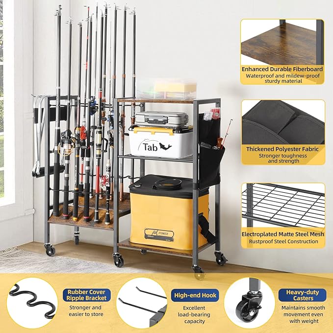 Olakee Fishing Rod Holder, Fishing Pole Holders for Garage Boat Home Entryway Fishing Gear Storage with Tackle Cart Ideal Gift for Men Dad Anglers Corner Design for Rods and Equipment Organizers