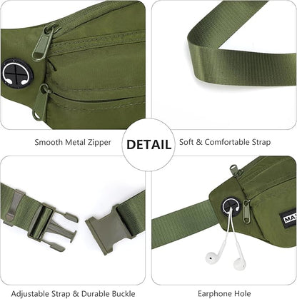 MAXTOP Large Fanny Pack Cross Body Bag Lightweight Belt Bag with Headphone Jack and 5-Zipper Pockets Adjustable Straps for Travel Dog Waliking Sports Running