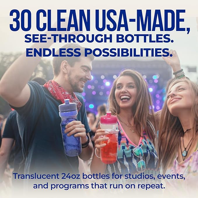 Rolling Sands USA Made 24 Ounce Sports Water Bottles - 30 Pack BPA-Free Blank Plastic Bottles for Teams, Gyms & Studios - Translucent Clear Bottle/White Lid