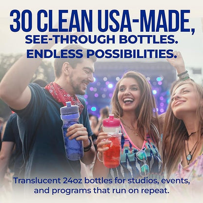 Rolling Sands USA Made 24 Ounce Sports Water Bottles - 30 Pack BPA-Free Blank Plastic Bottles for Teams, Gyms & Studios - Translucent Clear Bottle/White Lid