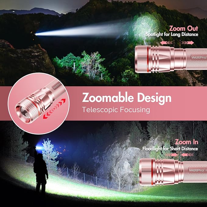 WdtPro Rechargeable Flashlights High Lumens, 2 Pack 10H Long Lasting Super Bright EDC Flashlight, LED Mini Tactical Flash Lights for Camping Emergency, Drop & Water Resistant Pink(Battery Included)