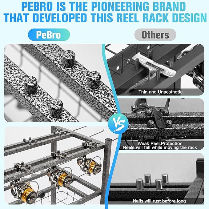 PeBro Fishing Pole Holders, Fishing Rod Holders for Garage, Fishing Rod Holder for Fishing Rod Tackle Box Reel Storage, All-In-One Fishing Rod Rack with Hooks and Wheels