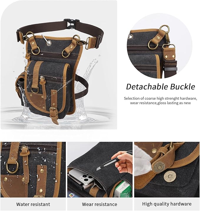 Canvas Drop Leg Bag Tactical Thigh Outdoor Waist Pack for Men Women Military Cycling Multi-Pocket Waist Fanny Pouch Daypack (C116-Black)