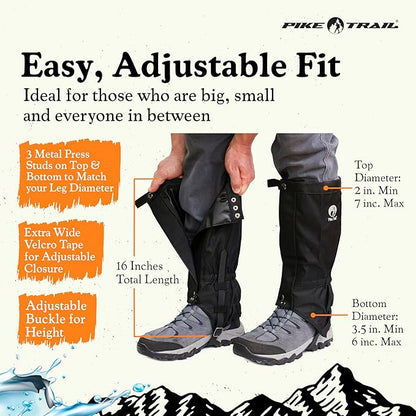 Pike Trail Adjustable Leg Gaiters - Lightweight, Waterproof - Leg Guards for Men & Women - Hiking Essentials Ideal for Hunting, Trekking & Fishing - 1 Pair