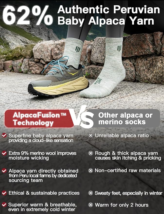Alpaca Wool Micro Crew Hiking Socks Midweight Moisture Wicking Anti-blister Cushioned