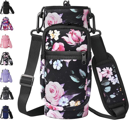 32 40 oz Water Bottle Carrier with Strap, Neoprene Water Bottle Sleeve Bag with 2 Pockets Insulated Flask Sling Holder for Walking Hiking Gym