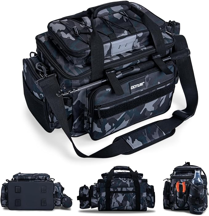 Goture Fishing Tackle Bag, Store Up to 4PCS 3700 Plus 2PCS 3600 Tackle Trays(Not Included), 600D Soft Side Gear Storage Fishing Bag with Rod Straps,Detachable Water Bottle Pouch,Waterproof Bottom