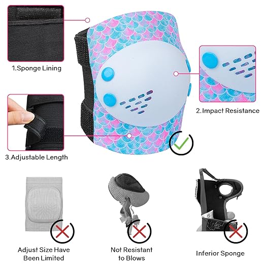 Knee Pads for Kids Girls Protective Gear Set Adjustable Knee Pads and Elbow Pads Set with Wrist Guard for Girls Kids Toddler Roller Skates Bike Cycling Skateboard Scooter (Blue&White Mermaid)