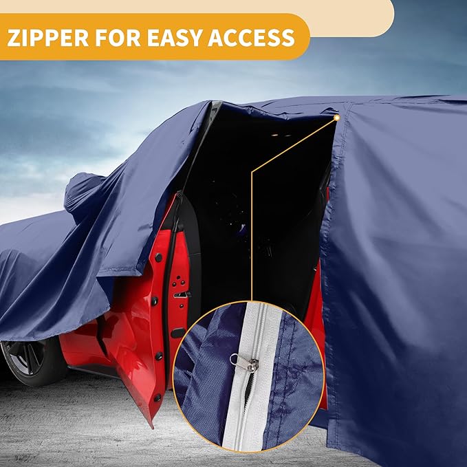 Universal Car Cover Waterproof All Weather 190T-PU, UV Sun Rain Protection, Fits for Sedan Length 199"-208", with Left Side Zipper, Navy Blue
