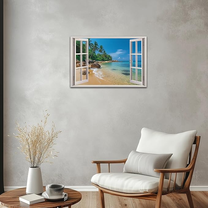 ANRUOXI Beach Pictures Wall Art Decor for Living Room, Blue Ocean Painting Decor for Bedroom, White Window Frame Style Palm Trees Canvas Wall Decor, Coastal View Artwork for Bedroom Office 18x24 Inch