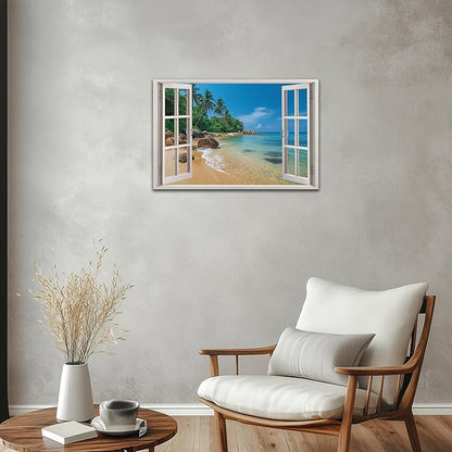 ANRUOXI Beach Pictures Wall Art Decor for Living Room, Blue Ocean Painting Decor for Bedroom, White Window Frame Style Palm Trees Canvas Wall Decor, Coastal View Artwork for Bedroom Office 18x24 Inch