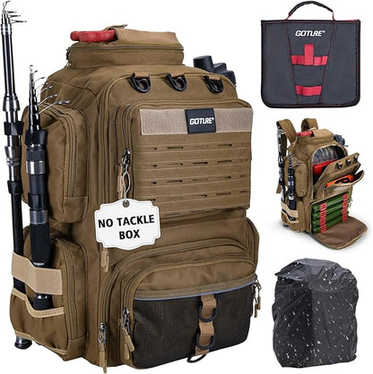 Goture Fishing Backpack, 900D Water-Resistant Tackle Backpack with Rod Holders, 45L Large Fishing Bag Storage Gear Tackle Bag with Rain Cover, Soft Bait Binder for Camping Hiking (Without Tackle Box)