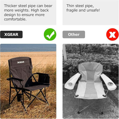 XGEAR Camping Chair with Padded Hard Armrest, Sturdy Folding Camp Chair with Cup Holder, Storage Pockets Carry Bag Included, Support to 400 lbs