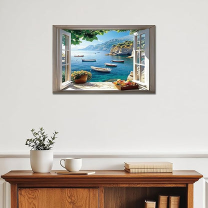 ANRUOXI Beach Wall Art, Window Frame Style Canvas Wall Decor Ocean, Blue Sea & Tropical Palm Tree Ocean Island Canvas, Paradise Scenery Nature Landscape Painting for Living Room Office Home 12x18 Inch