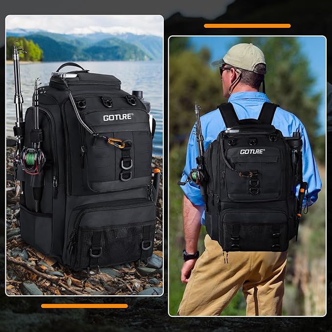 Goture 40L Fishing Tackle Backpack with Cooler and 2 3600 fishing tackle trays, 900D Water-Resistant Tackle Backpack with Removable Bait Binder, 2 Rod Holders and Rain Cover, Black fishing bag
