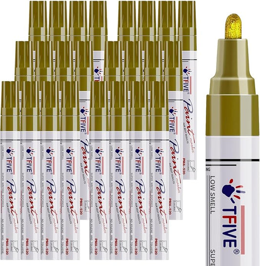 TFIVE Gold Paint Pens Permanent Markers - 24 Pcs Oil Based Paint Markers Set, Quick Dry, Waterproof, Fade Resistant, Medium Tip Marker Pens for Metal, Rock, Wood, Plastic, Canvas, Glass, Rubber
