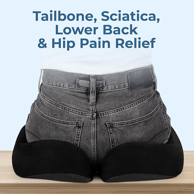 5 STARS UNITED Seat Cushion for Tailbone Pain Relief – Large Memory Foam Cushion for Coccyx, Hip, Sciatica & Post-Surgery Recovery – Wheelchair, Car, Desk, Gaming & Office Chairs, Black