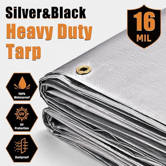 10x20FT Waterproof Tarp, Yumatum 16 Mil Heavy Duty Tarps with Reinforced Edges/Brass Grommets, 100% UV Blocking/Tear Resistant Poly Tarp for Camping, Patio, Tent, Boat(Silver/Black)