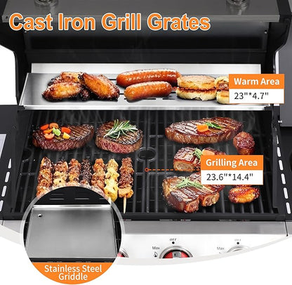 Cookit 4-Burner Gas Grill with Side Burner, 49,000 BTU Output - Double-layer Stainless Steel Grill Lid, Cast Iron Grates, Griddle & Charcoal Pan, Easy-Clean Grease Management for Perfect BBQs