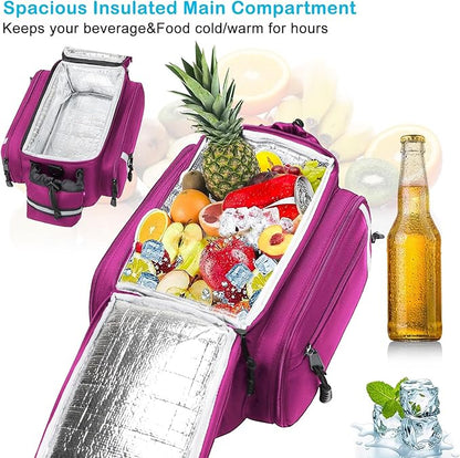 MOSISO Bike Rack Bag with Rain Cover, Bike Trunk Cooler Handag Insulated Bicycle Rear Seat Pouch with 2 Side Foldable Panniers, 8L Cycling Backseat Storage Cargo Saddle Shoulder Bag, Rose Red