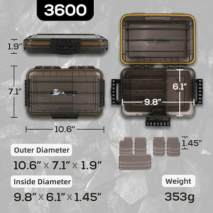 RUNCL Fishing Tackle Box, Unique Sun Protection Waterproof 3600 3700 Tray, Thicker Floating Airtight Stowaway with Adjustable Dividers for Freshwater Saltwater, Plastic Storage Box 1/2Pack