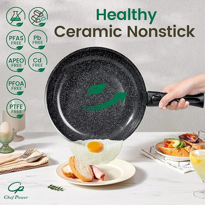 Chef Power Ceramic Nonstick Cookware Set 19 Piece with Detachable Handle, Induction Dishwasher Oven Safe Pans and Pots Set, RV Kitchen Set Removable Handle, Rock Stone Black