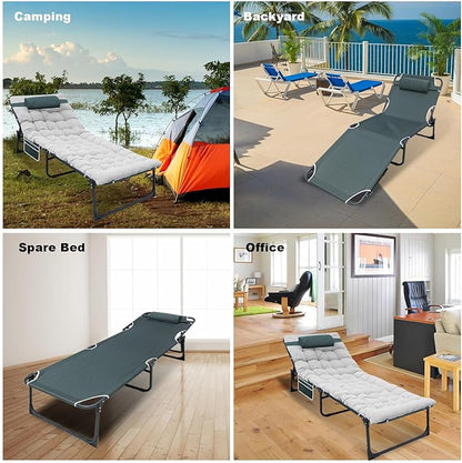 YELLOW JACKET Folding Camping Cot for Adults Adjustable 5-Position Portable Sleeping Cot Bed with Pillow and Removable Mattress Reclining Foldable Camp Cots for Outdoor,Home,Beach,Patio,Grey