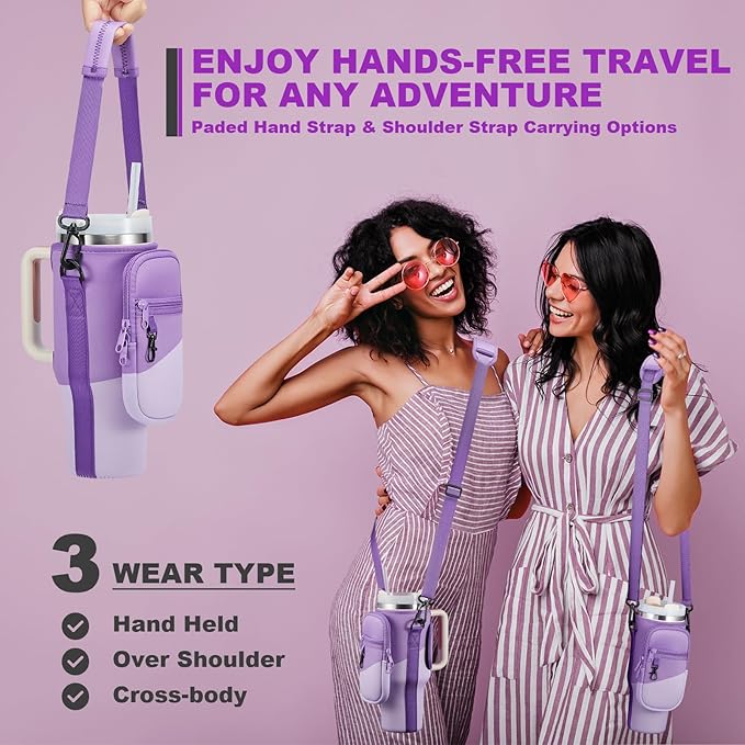 Water Bottle Carrier Bag with Phone Pocket for Stanley 40 & 30 oz Tumbler with Handle,Pink Insulated Neoprene Cup Holder Pouch w/Adjustable Strap for Quencher H2.0 Stanley Cup Accessories