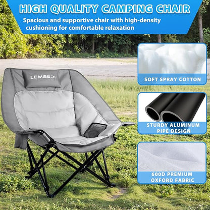 Outdoor Oversized Camping Chair, Heavy Duty Support 500 LBS for Adults, Portable Folding Wide Lawn Chair with Headrest Support and Cup Holder, Low Camping Chair for Fishing, Garden, Grey