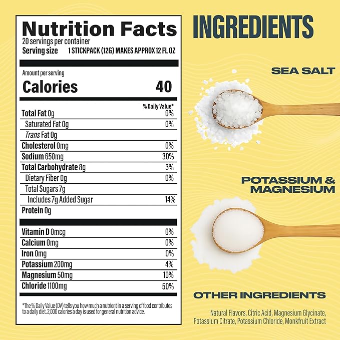 BUBS Naturals - Hydrate or Die Electrolytes Powder Packets for Fast Absorption | Premium 2000mg Electrolyte Powder | for Sports, Recovery & Well-Being (Natural Lemon Flavor, 20 Sticks)