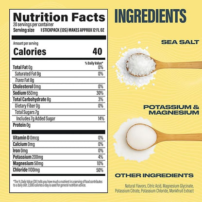 BUBS Naturals - Hydrate or Die Electrolytes Powder Packets for Fast Absorption | Premium 2000mg Electrolyte Powder | for Sports, Recovery & Well-Being (Natural Lemon Flavor, 20 Sticks)