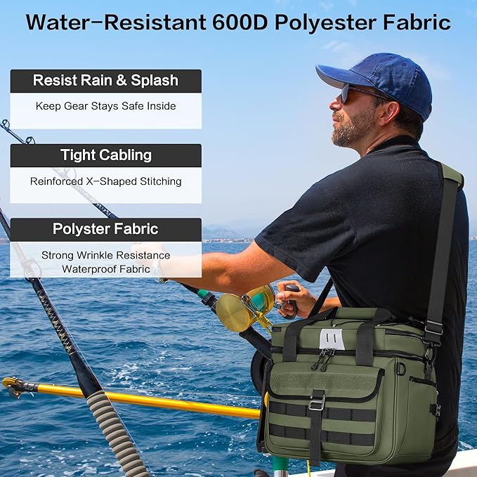 30L Large Fishing Tackle Bag, Waterproof Tackle Box Bag for Saltwater & Freshwater Fishing, Gear and Equipment Storage, Padded Shoulder Strap, Gift for Men, Green